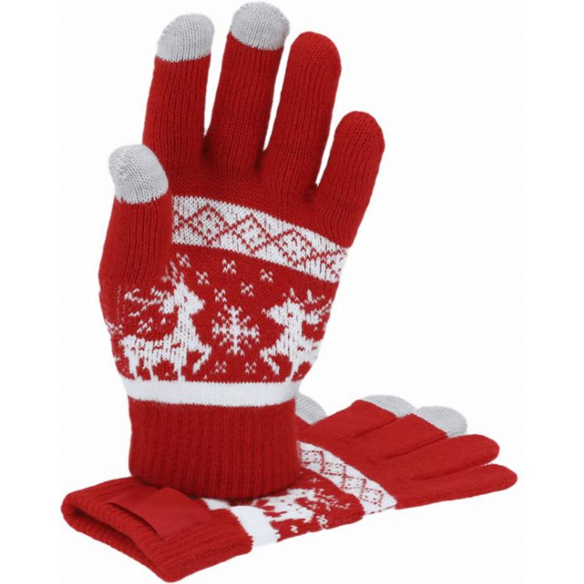 A pair of red knitted gloves with a white Christmas pattern featuring reindeer and snowflakes. The fingertips are grey.