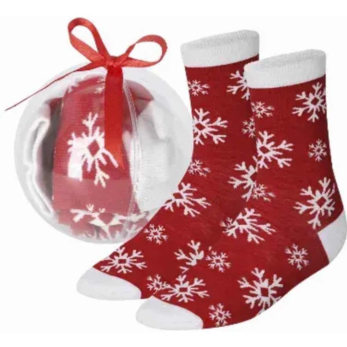 Red socks with white snowflake patterns, packaged in a clear round box with a ribbon.