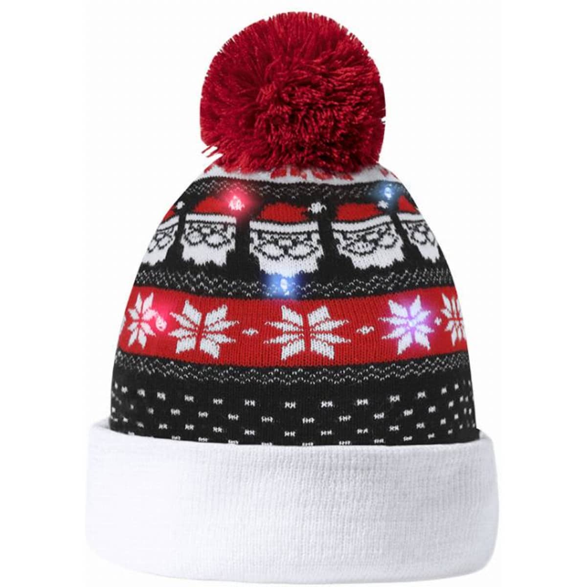 A festive beanie featuring a black and red design with a pom pom, snowflakes, and Santa faces, plus decorative lights.