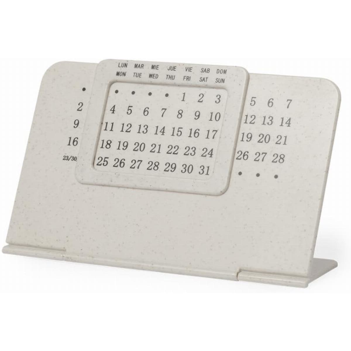 A desktop calendar in a neutral colour displays days and dates with a simple, portable design.