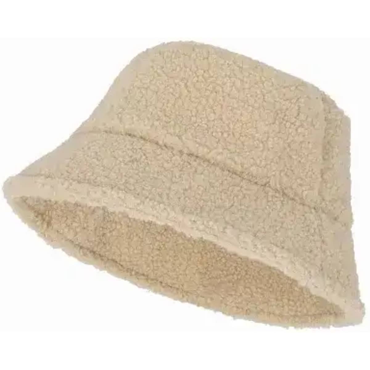 A beige bucket hat made of soft, fluffy material, featuring a wide brim and a rounded top.