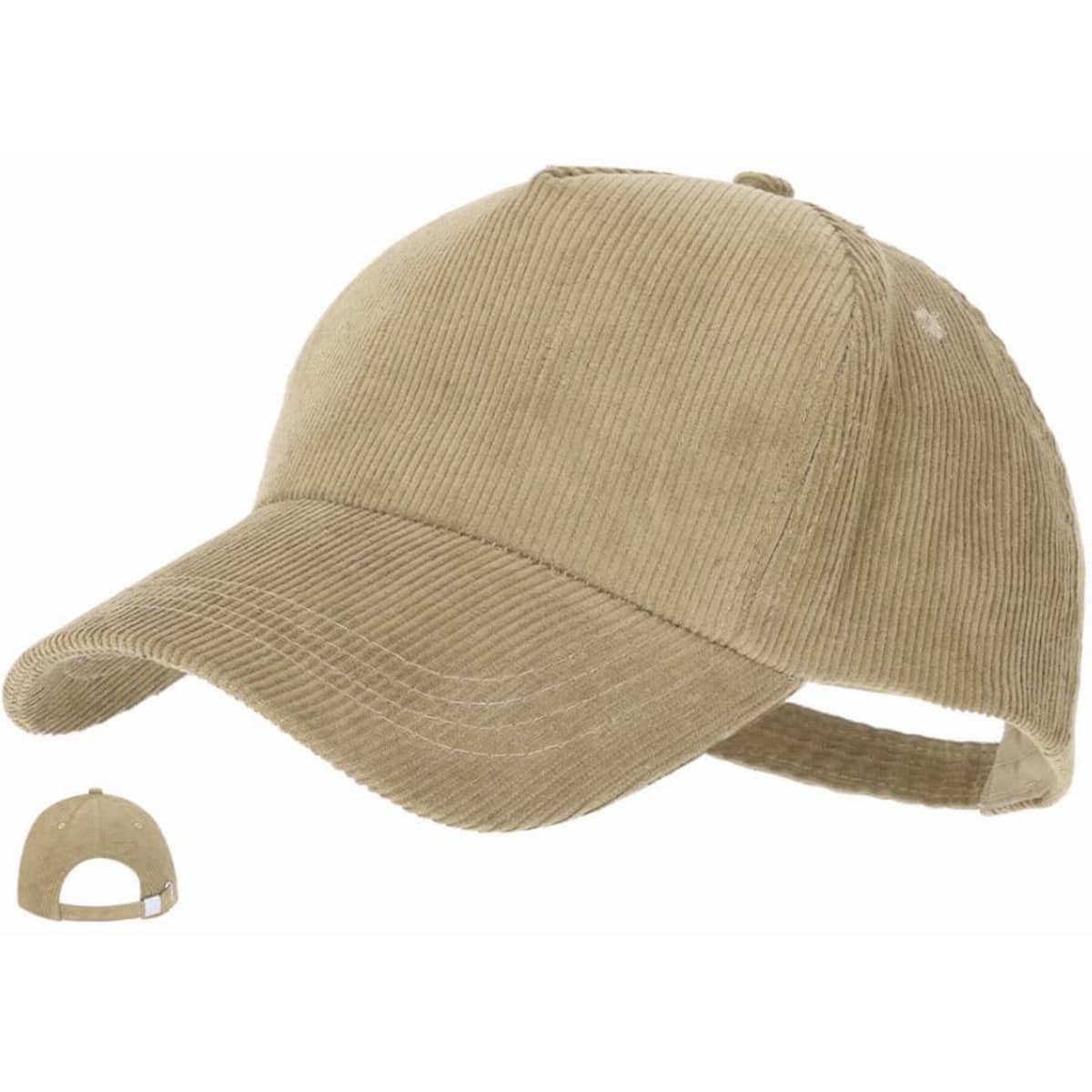 A cap in a light tan corduroy fabric with a curved brim and adjustable back strap. It features a logo on the side.