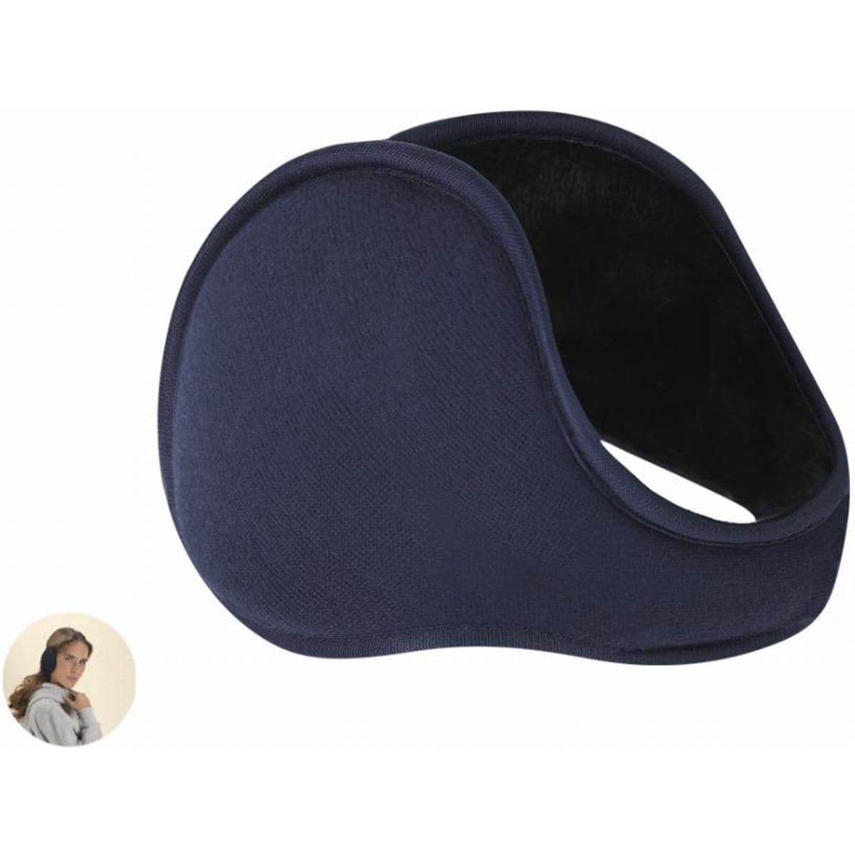 A navy ear warmer with a soft, padded interior, featuring a curved design and a logo.