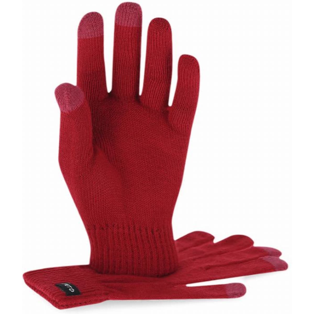 A pair of red gloves featuring fingertip accents, with one glove laid flat and the other positioned above it.