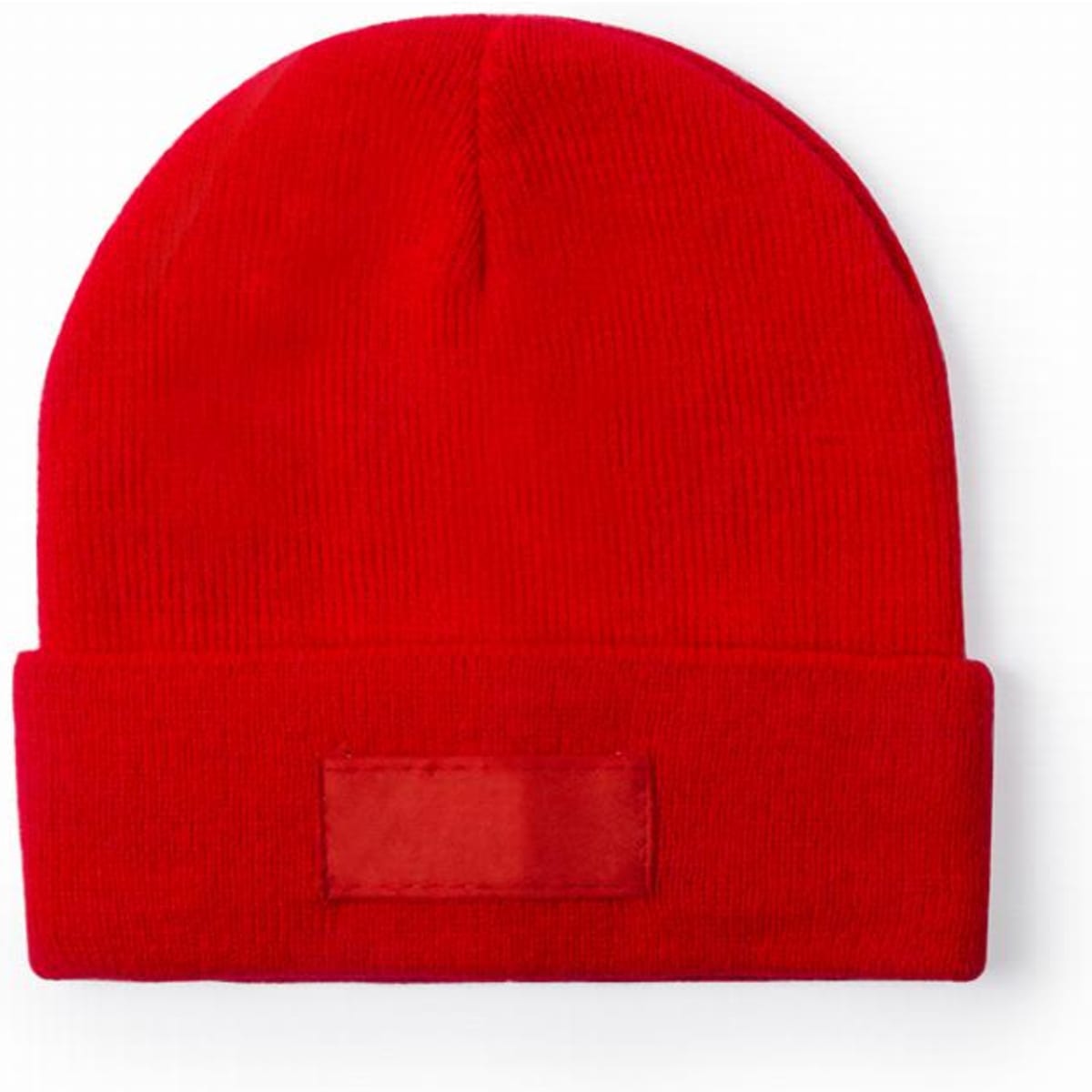 A red beanie hat with a folded cuff and a blank patch on the front.