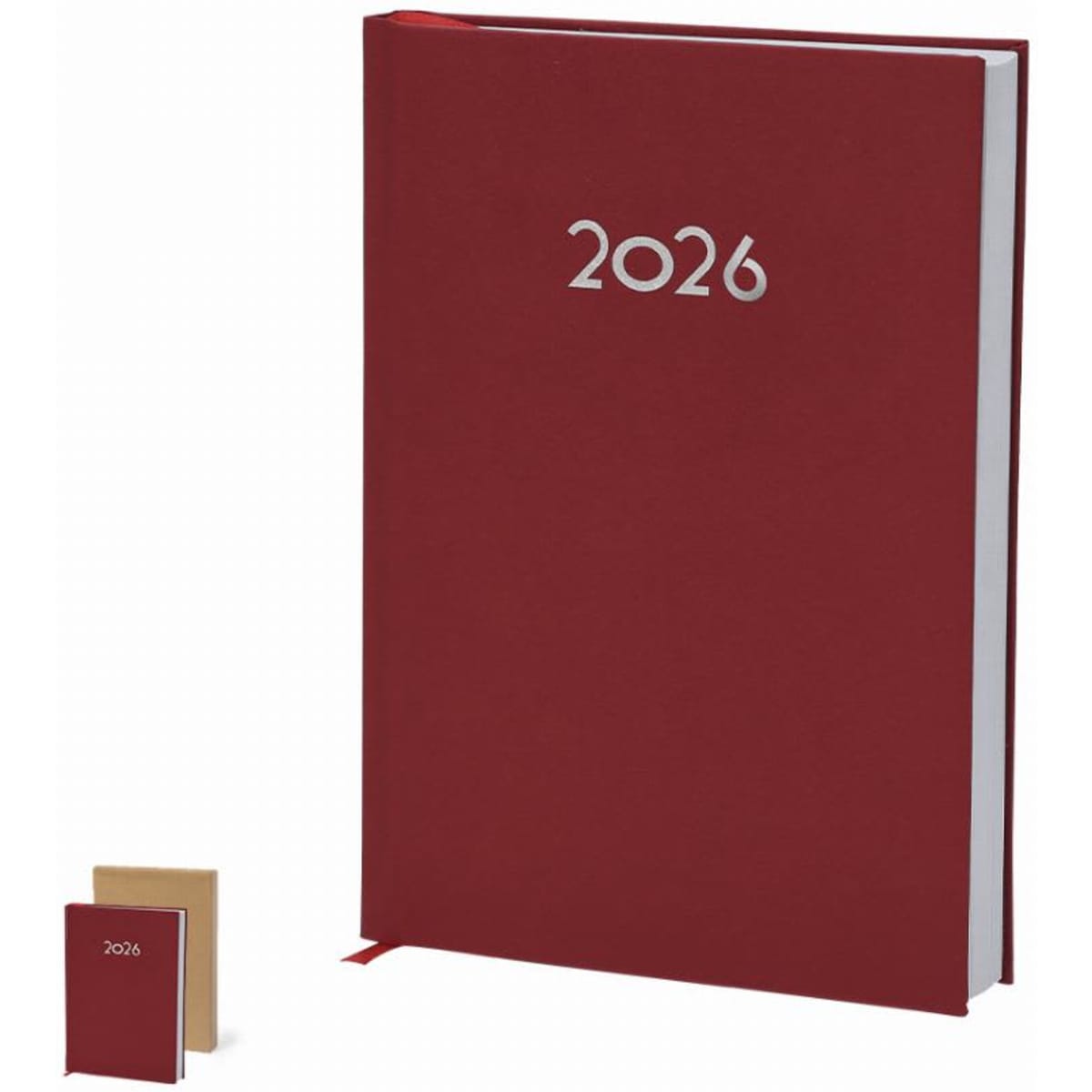 A red notebook features the year "2026" on the cover, with a smaller beige notebook beside it.