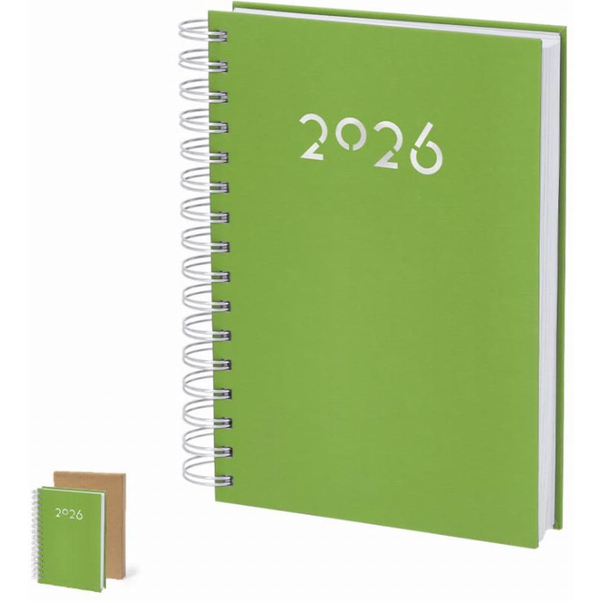 A green spiral-bound notebook with a white embossed design, alongside a smaller notebook.