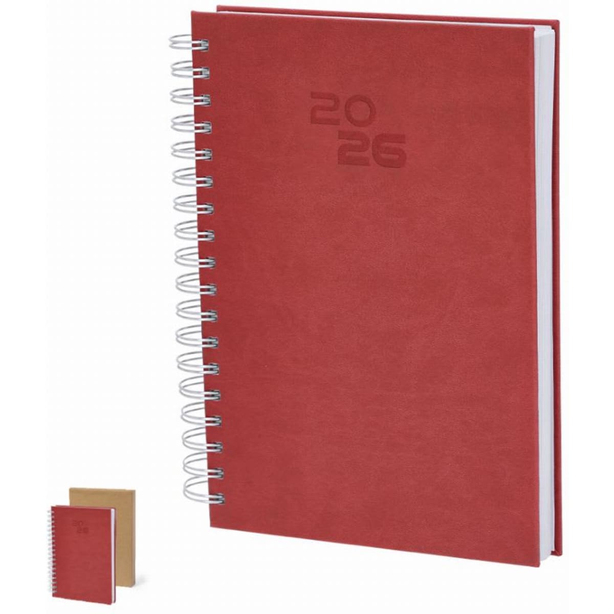 A red spiral-bound notebook with a textured cover, featuring an embossed date. A smaller notebook is also visible.