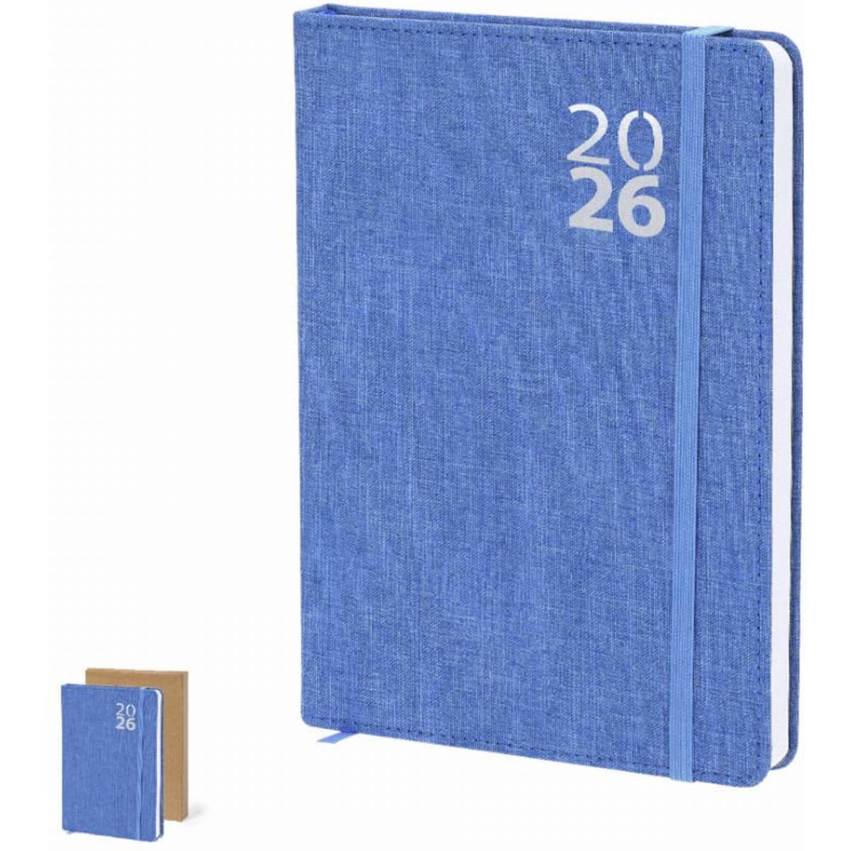 A blue planner with a textured cover and an elastic band, featuring the year 2026 on the front. A smaller notebook is also visible.