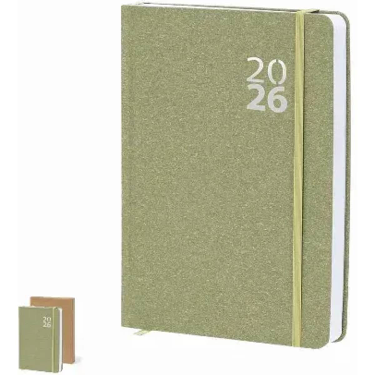 A green notebook with a textured cover, featuring a clasp and a small brown notebook alongside.