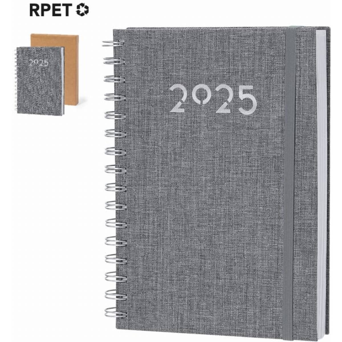 A grey spiral-bound notebook with the year '2025' printed on the cover, featuring a smaller notebook beside it.