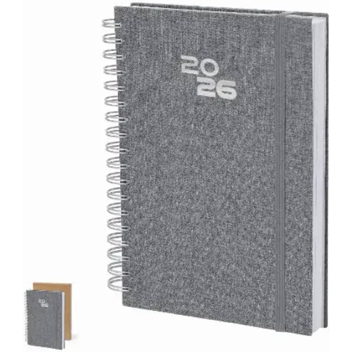 A grey spiral-bound notebook with a textured cover and the year "2026" printed on the front. It includes a smaller notebook beside it.