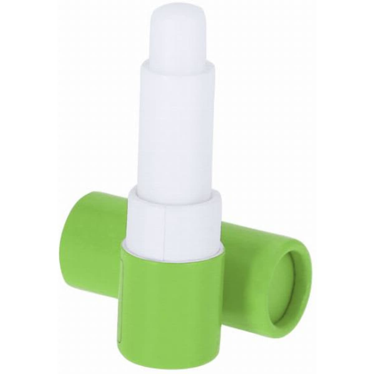 A drink bottle in green and white with a unique cylindrical design and a removable lid.