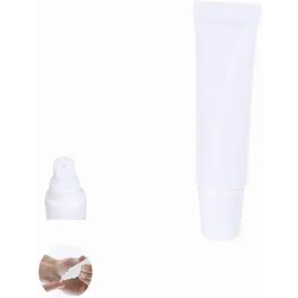 A white cosmetic tube alongside a small pump bottle and a hand applying the product.