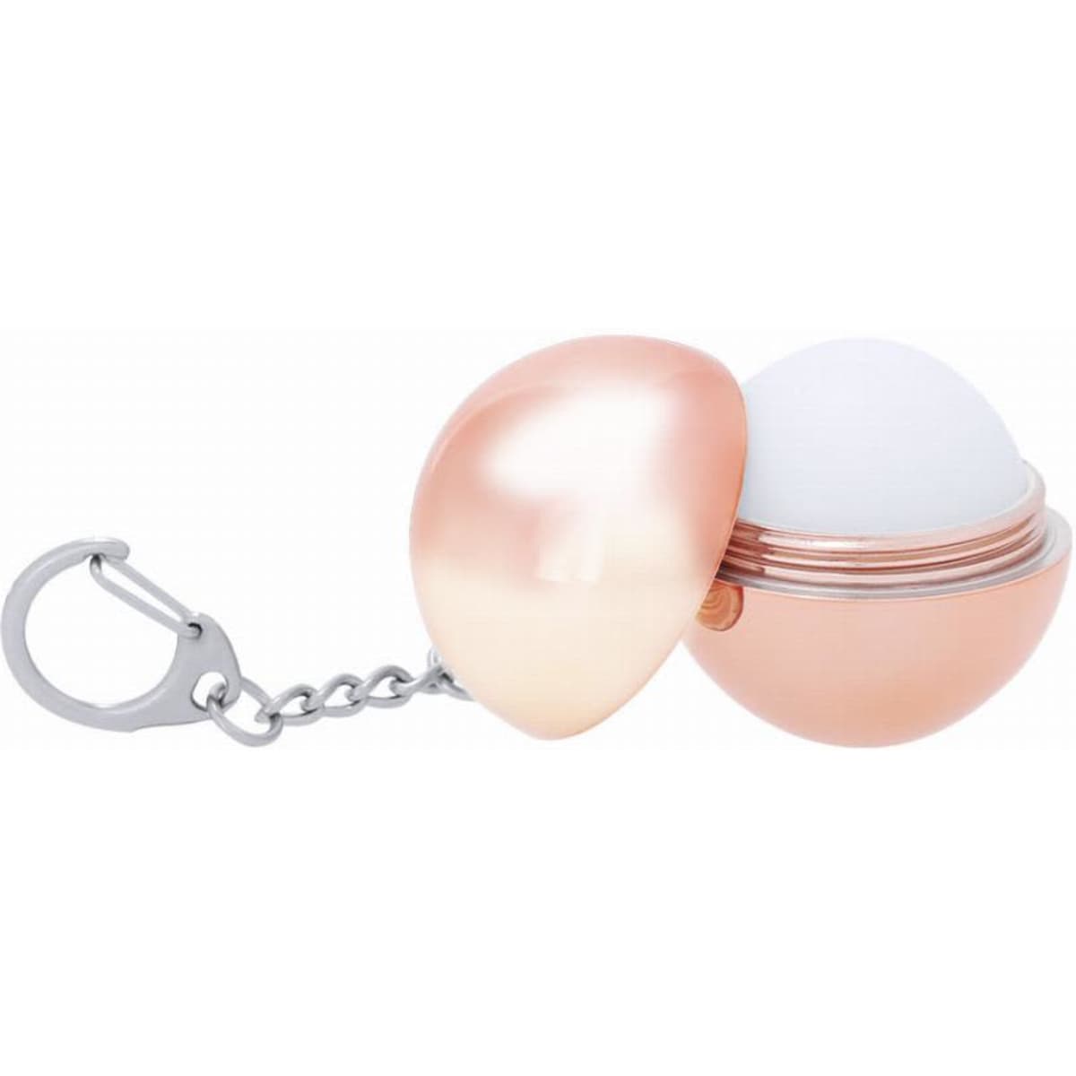 A keychain holder shaped like a split egg, featuring a shiny rose gold exterior and a white inner compartment.