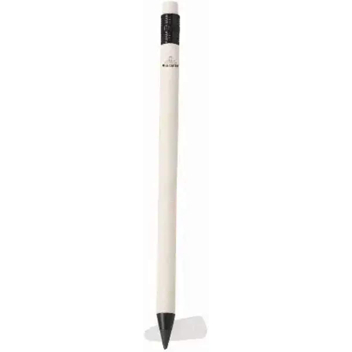 A white pencil with a black tip and a branding logo at the top. It has a simple, sleek design.