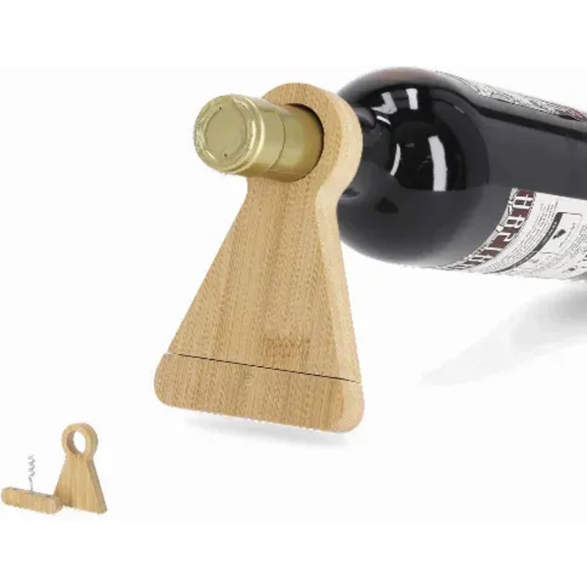 A wine bottle holder made of bamboo featuring a light brown triangular base and a corkscrew attachment.