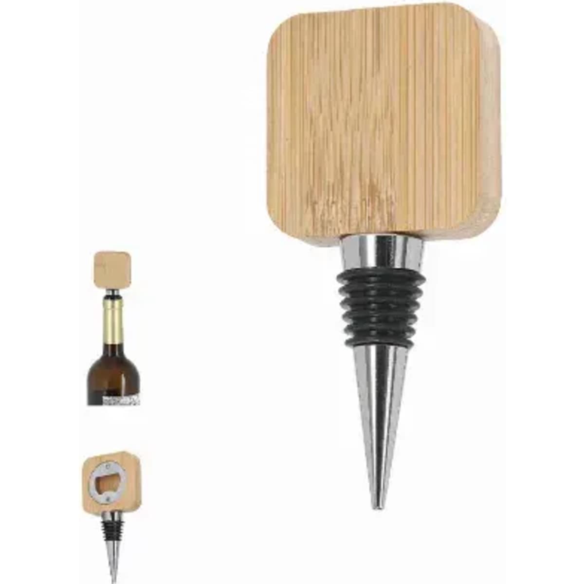 A drink bottle stopper featuring a bamboo top and a metallic tapered base, showcasing a modern design.