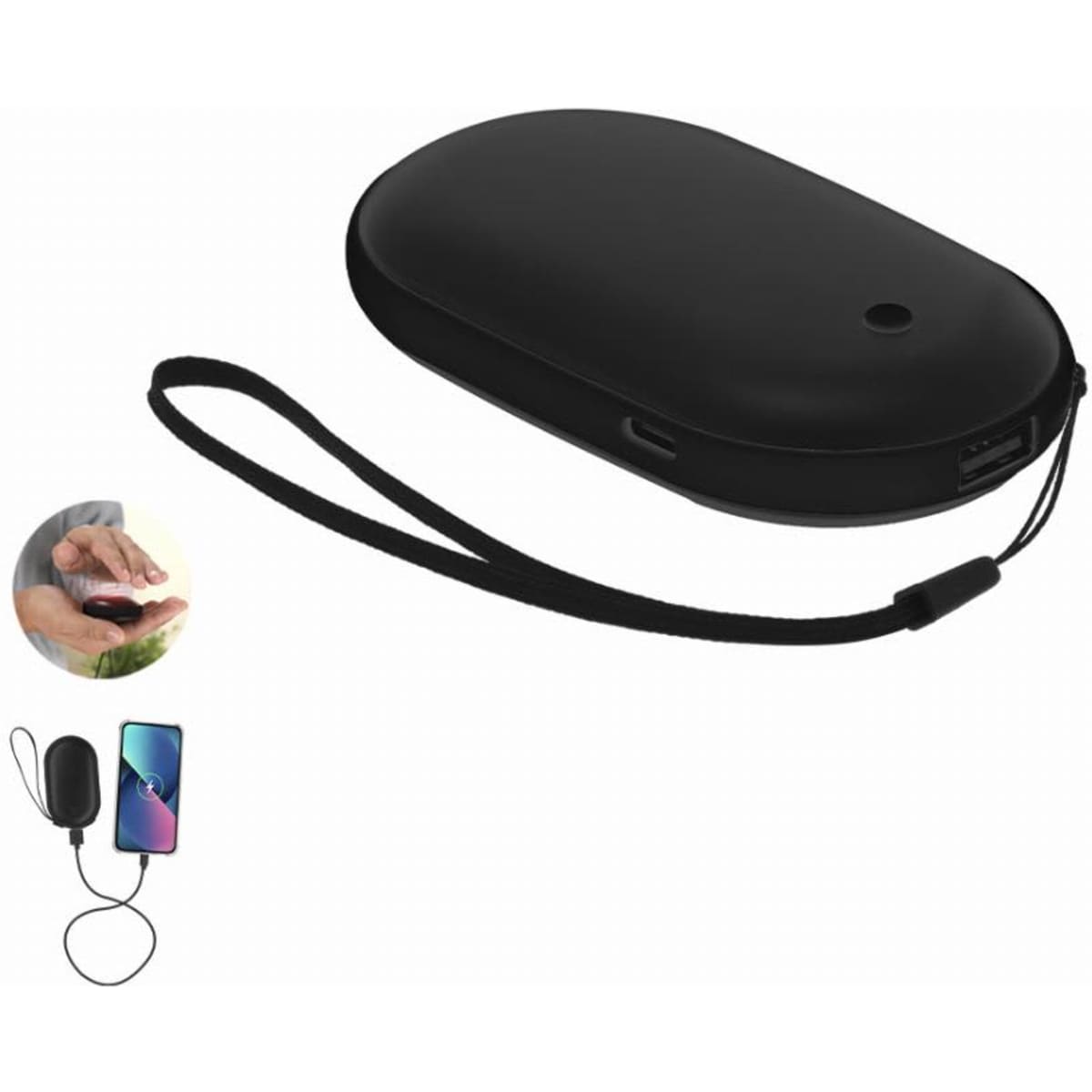 A black portable charging case with a strap, featuring a USB port and a smooth rounded design.
