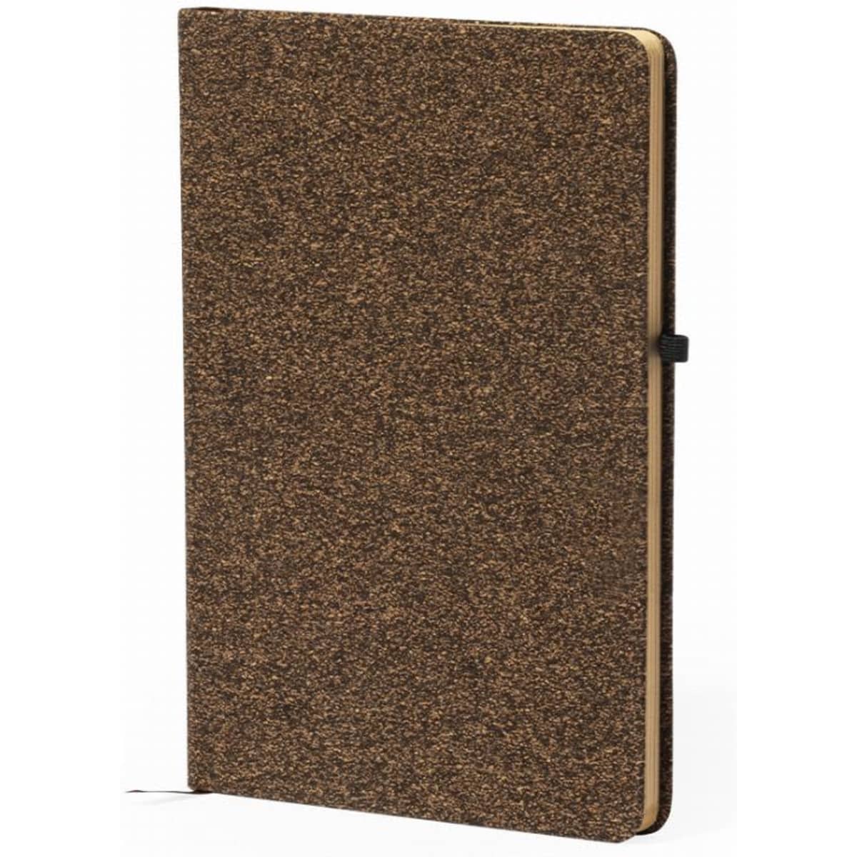 A notebook with a textured brown cover, featuring a black elastic band for closure and a ribbon bookmark.