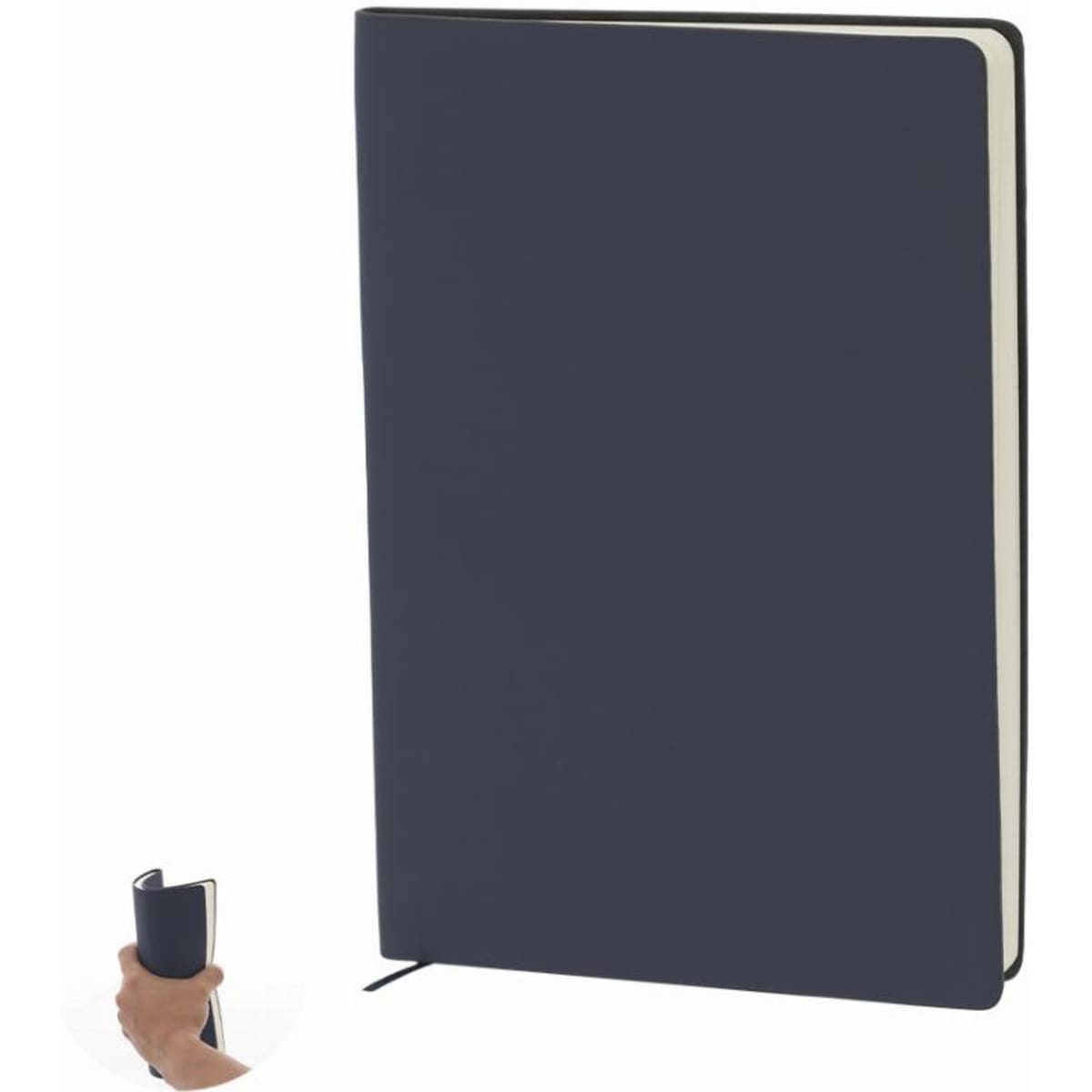 A notebook with a dark navy cover, featuring a band closure and a ribbon bookmark. It has a logo on the front.