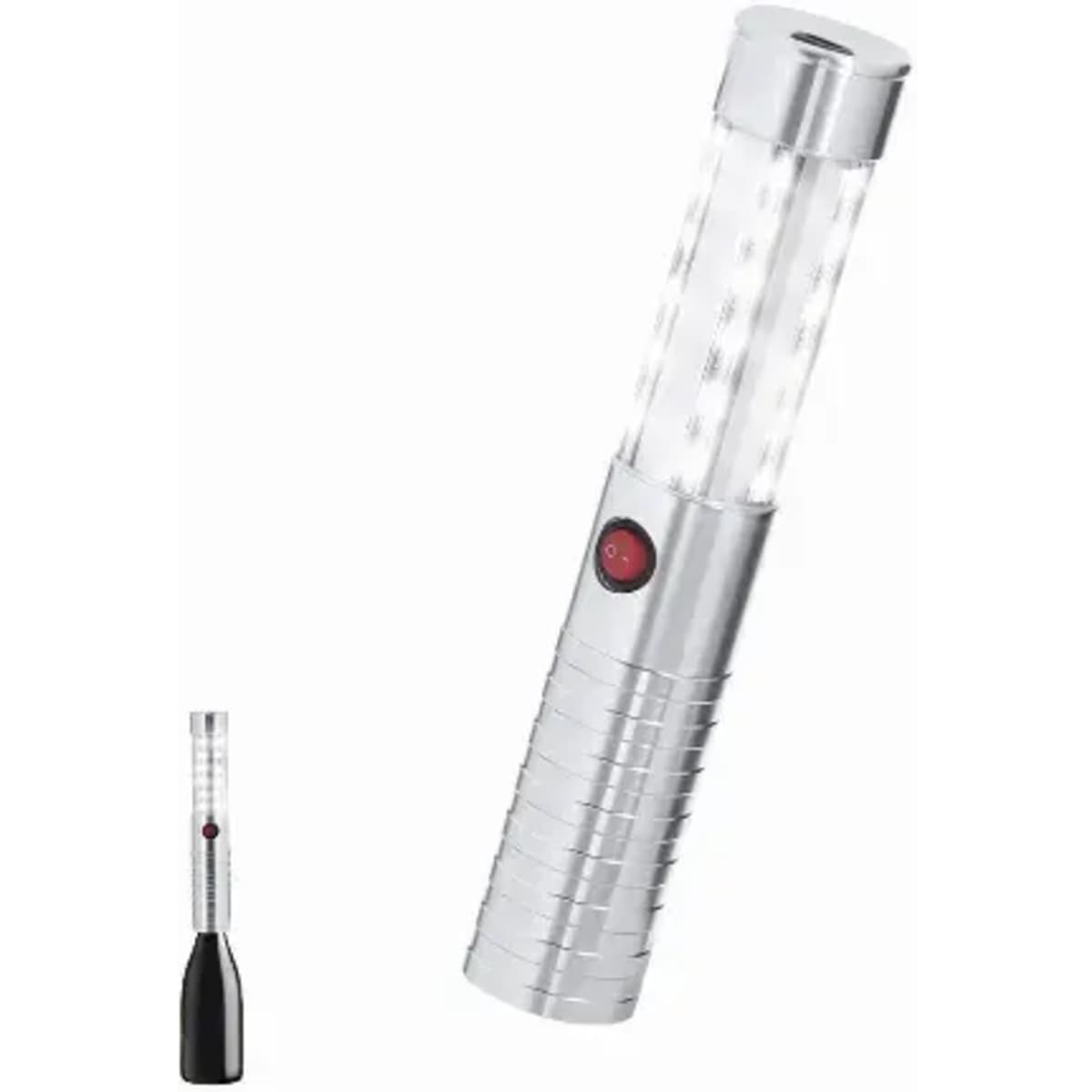 A flashlight with a silver body and a black grip, featuring multiple LED lights and a red button.