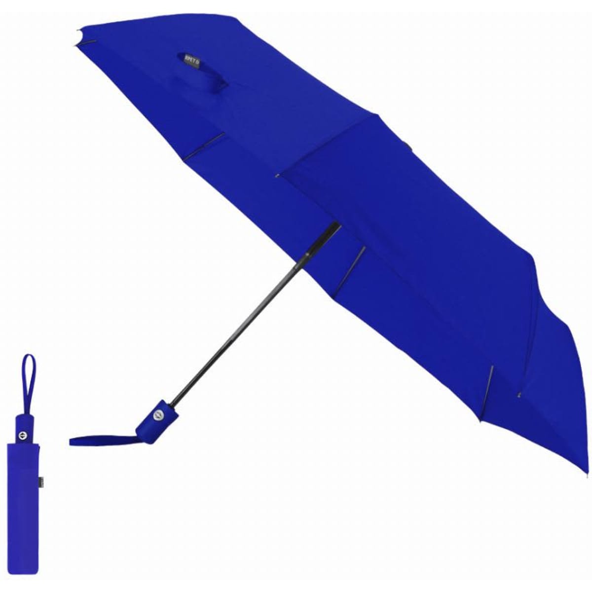 A blue umbrella with a compact design, featuring a handle and a storage sleeve for easy carrying.