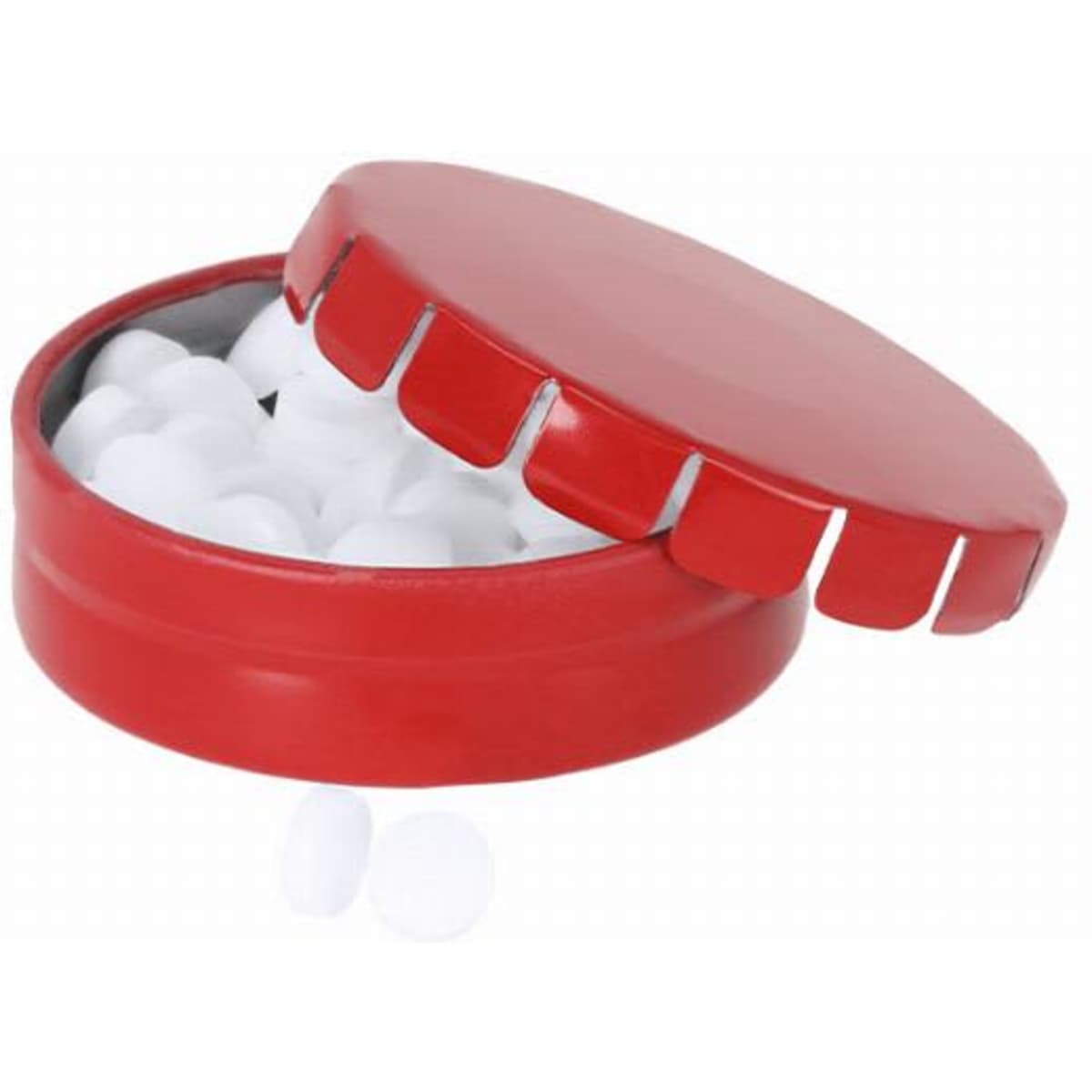 A red container with a lid, filled with white circular tablets, with two tablets outside the container.
