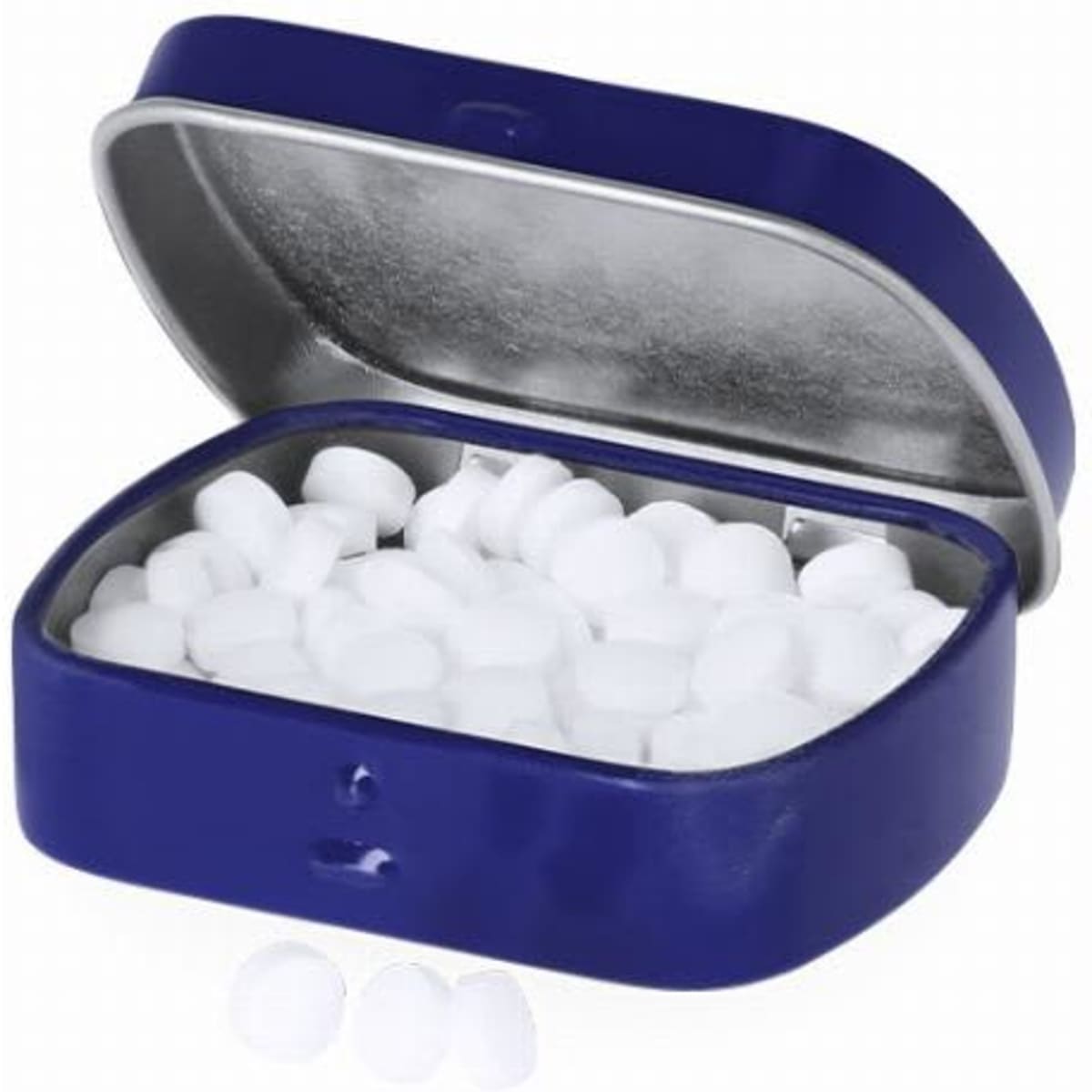 A metal tin with a blue exterior containing white pills. The lid is open, revealing the contents inside.