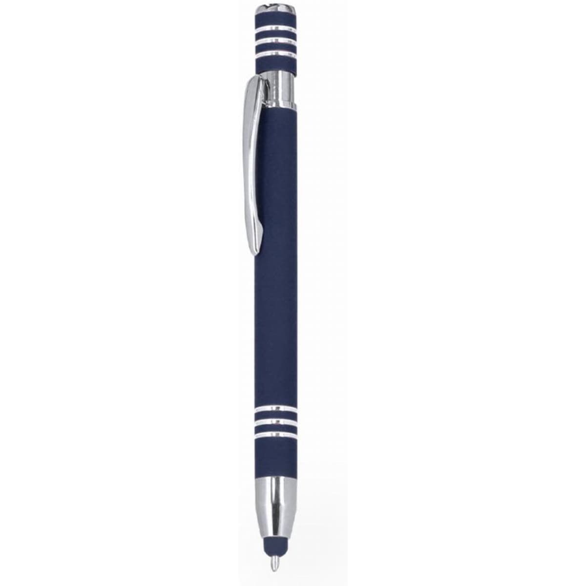 A navy blue pen with a chrome clip and striped grip, featuring a smooth rounded tip.