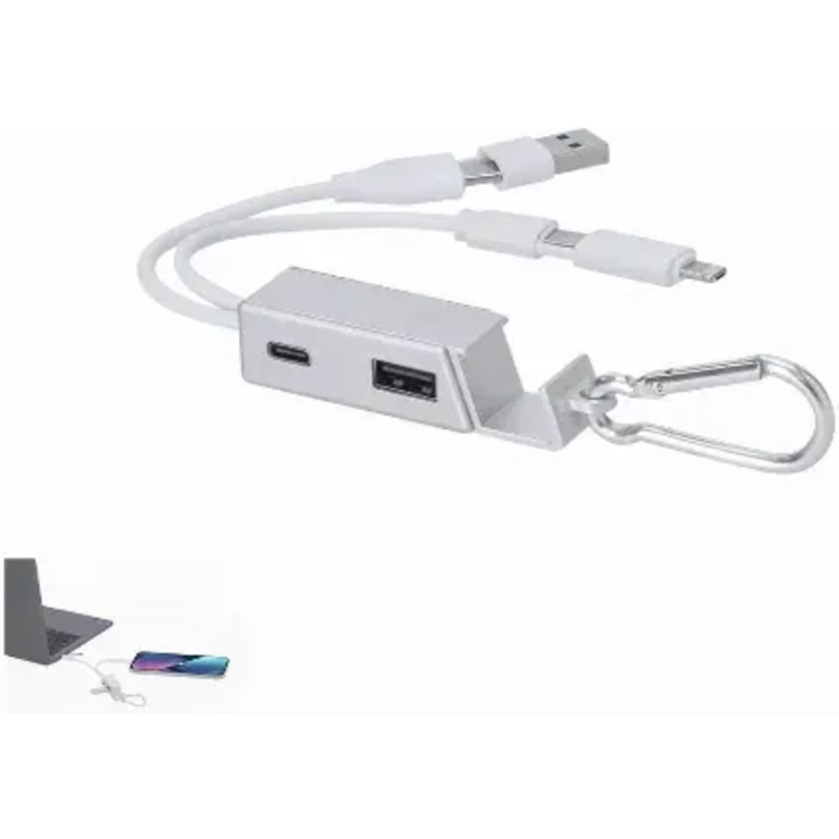 A charging cable with USB Type-A, USB Type-C, and a micro USB connector, featuring a carabiner. The device is silver and white.