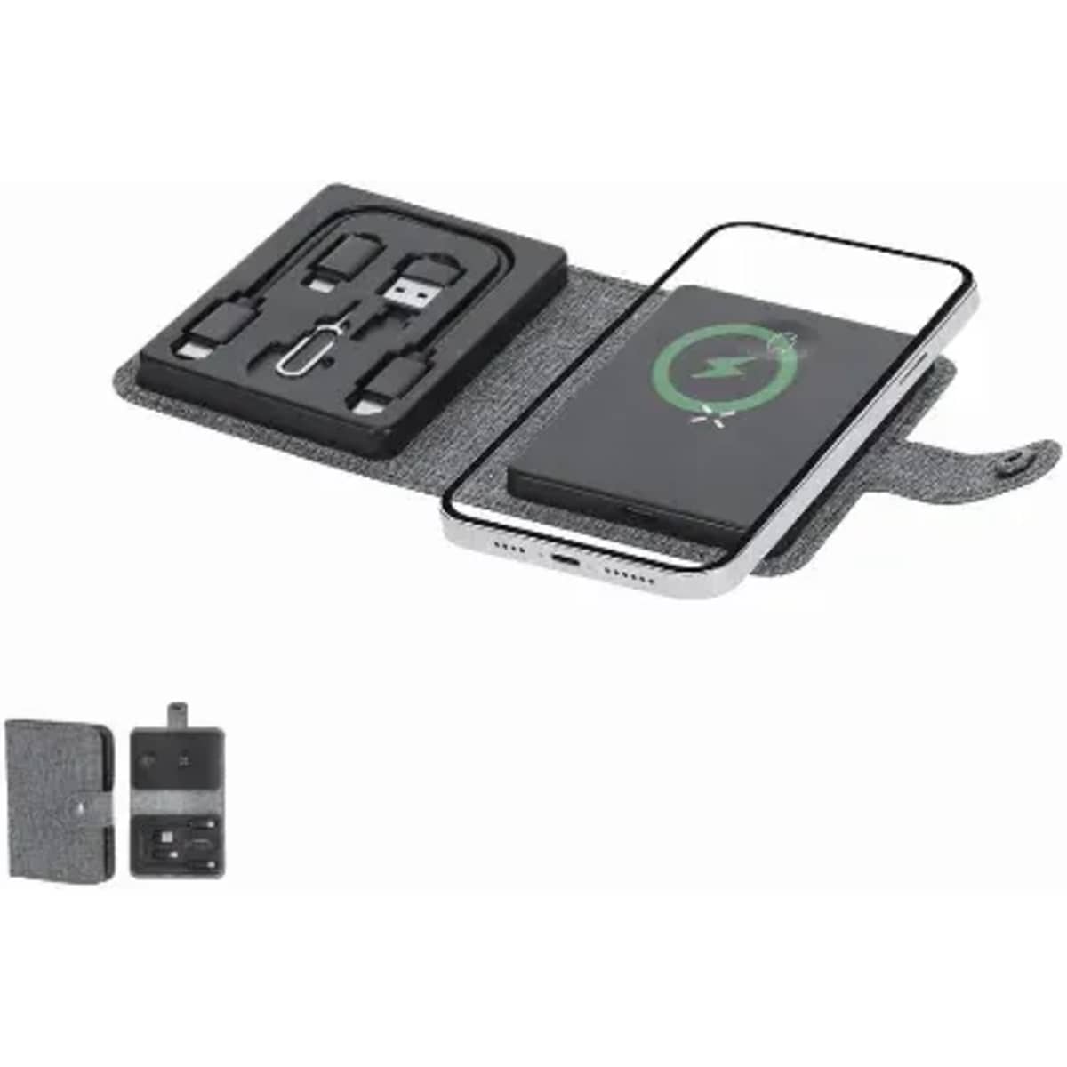 A portable charger in a grey case with charging cables included. The case has a logo and a wireless charging feature.