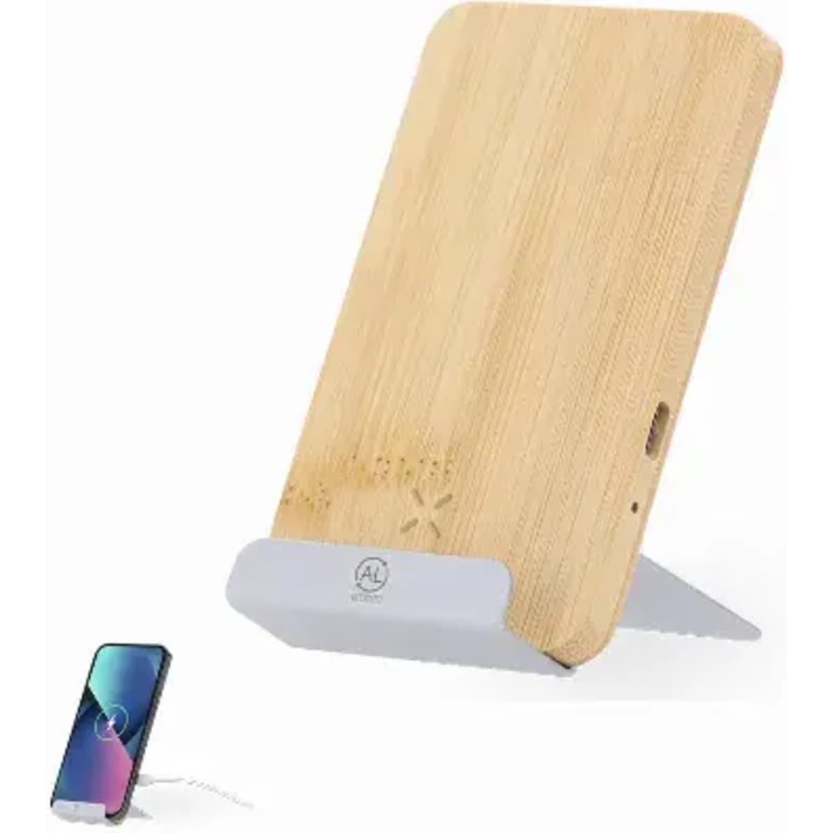 A phone stand made of bamboo with a grey base, designed for holding smartphones. It features a logo on the front.