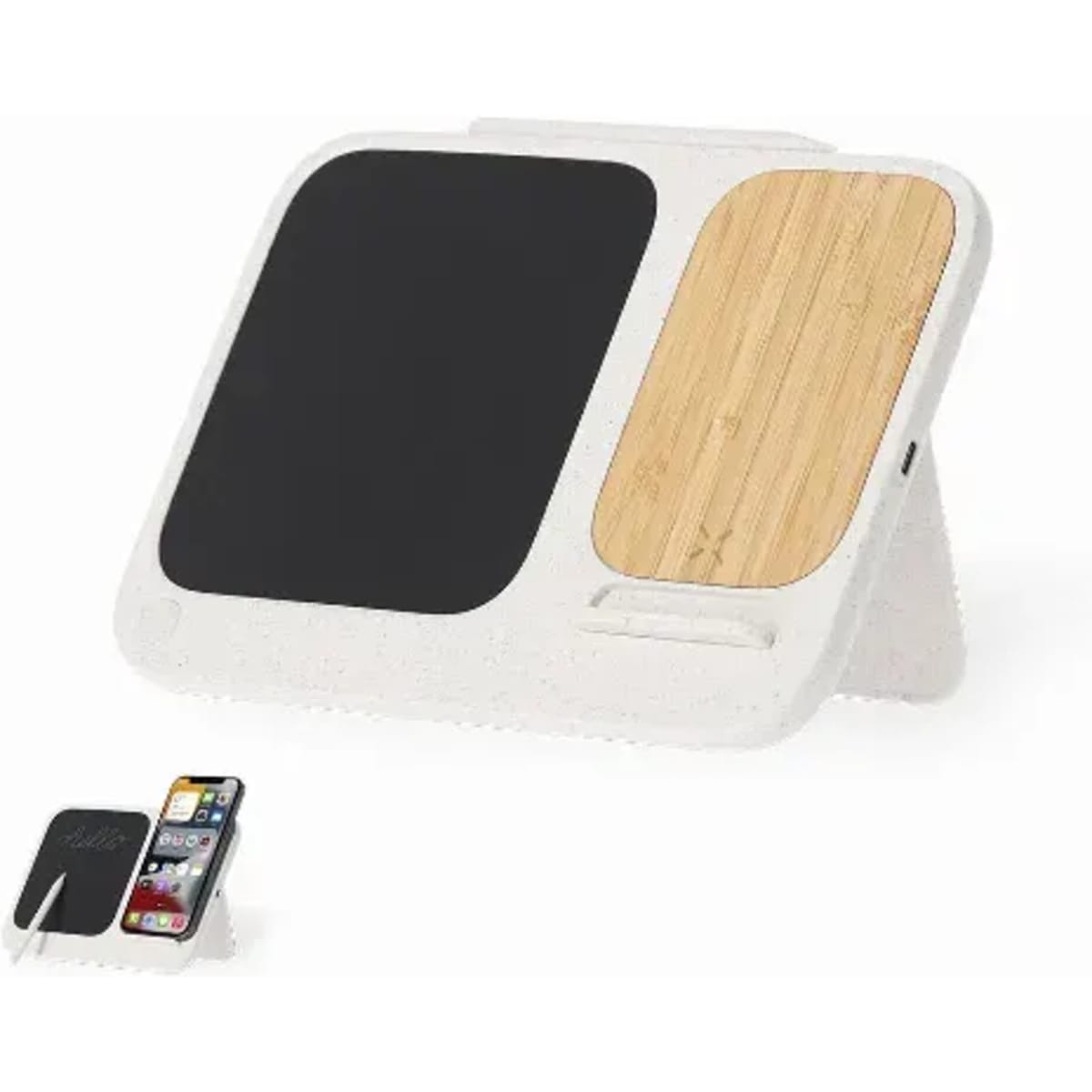 A charging stand featuring a black surface and a bamboo panel, designed for holding a smartphone. It has a logo.