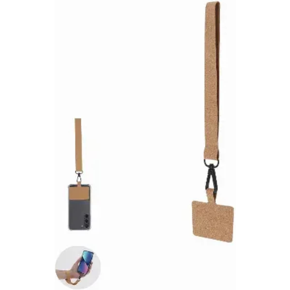 A cork phone strap with a detachable cardholder, featuring a brown strap and a black clip.
