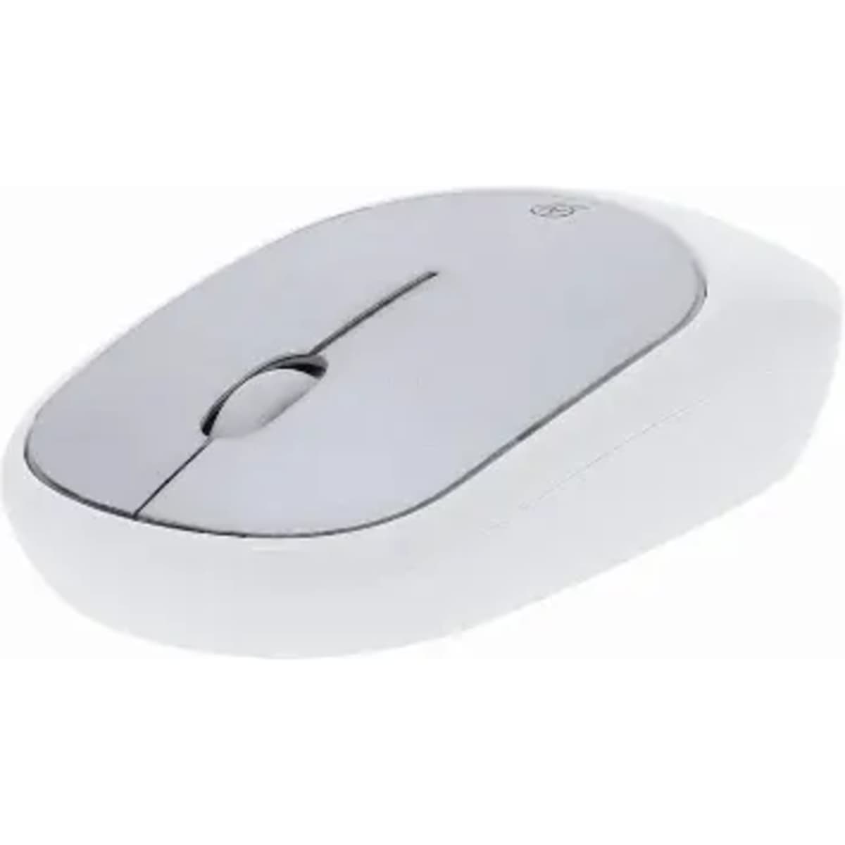 A computer mouse in white and grey, featuring a sleek design with a scroll wheel and branding.