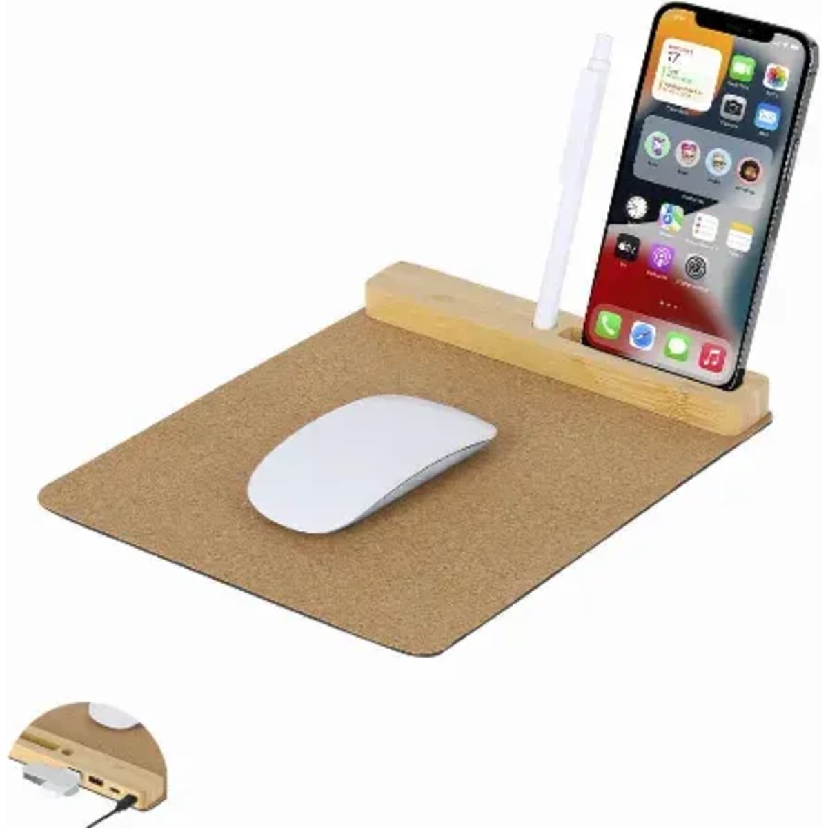 A desk mat featuring a cork surface, a wooden holder for a phone, and space for a mouse.