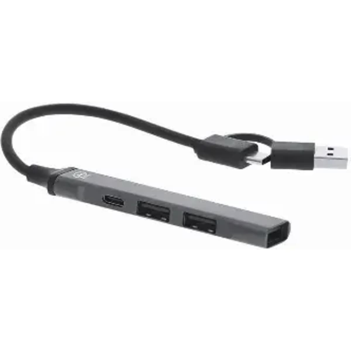A grey USB hub featuring two USB ports and a USB-C connector, with a short, flexible cable.