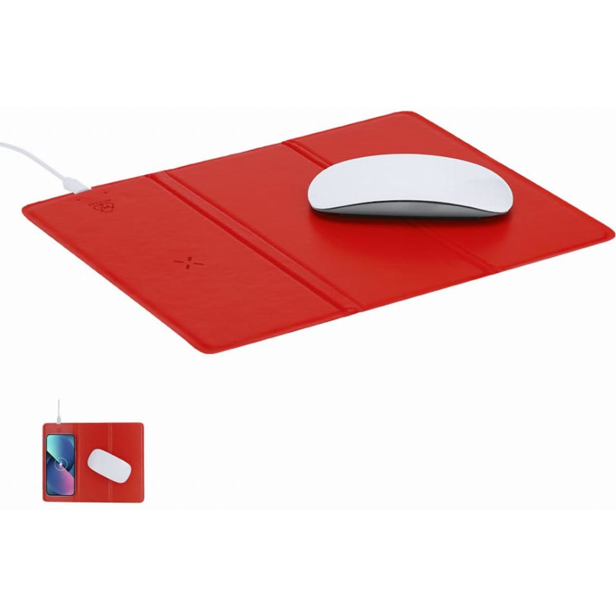 A red mouse pad with a white mouse on its surface, featuring a cable connected to a device.