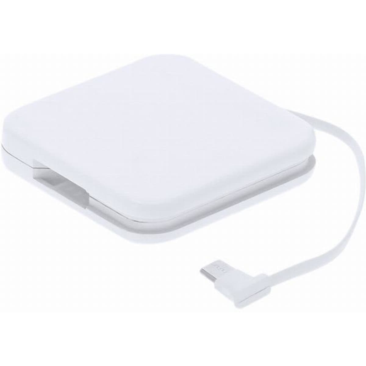 A charging pad in white with a retractable USB connector, featuring a sleek, minimalist design.