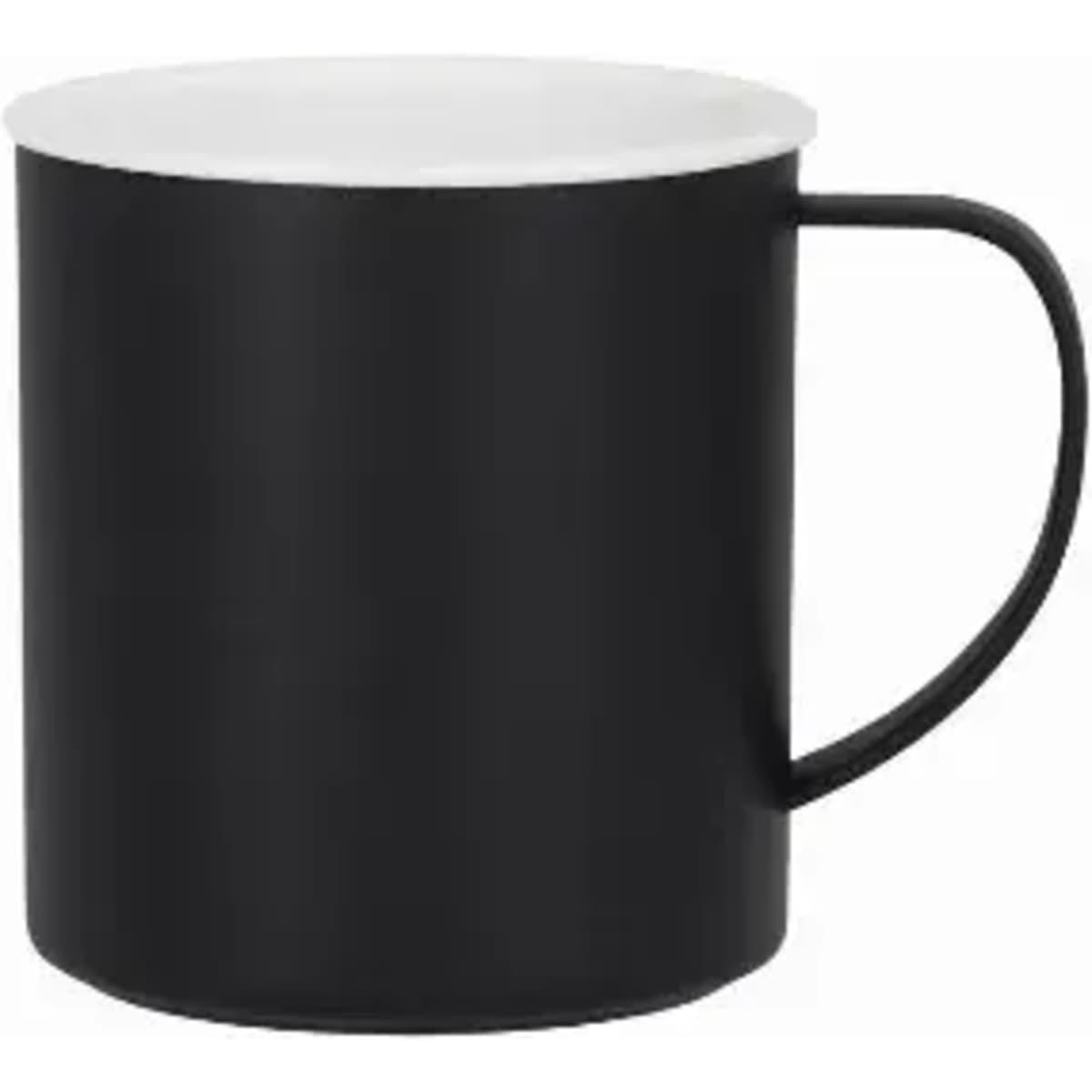 A drink bottle with a matte black body and a white rim, featuring a curved handle and a minimalist design.