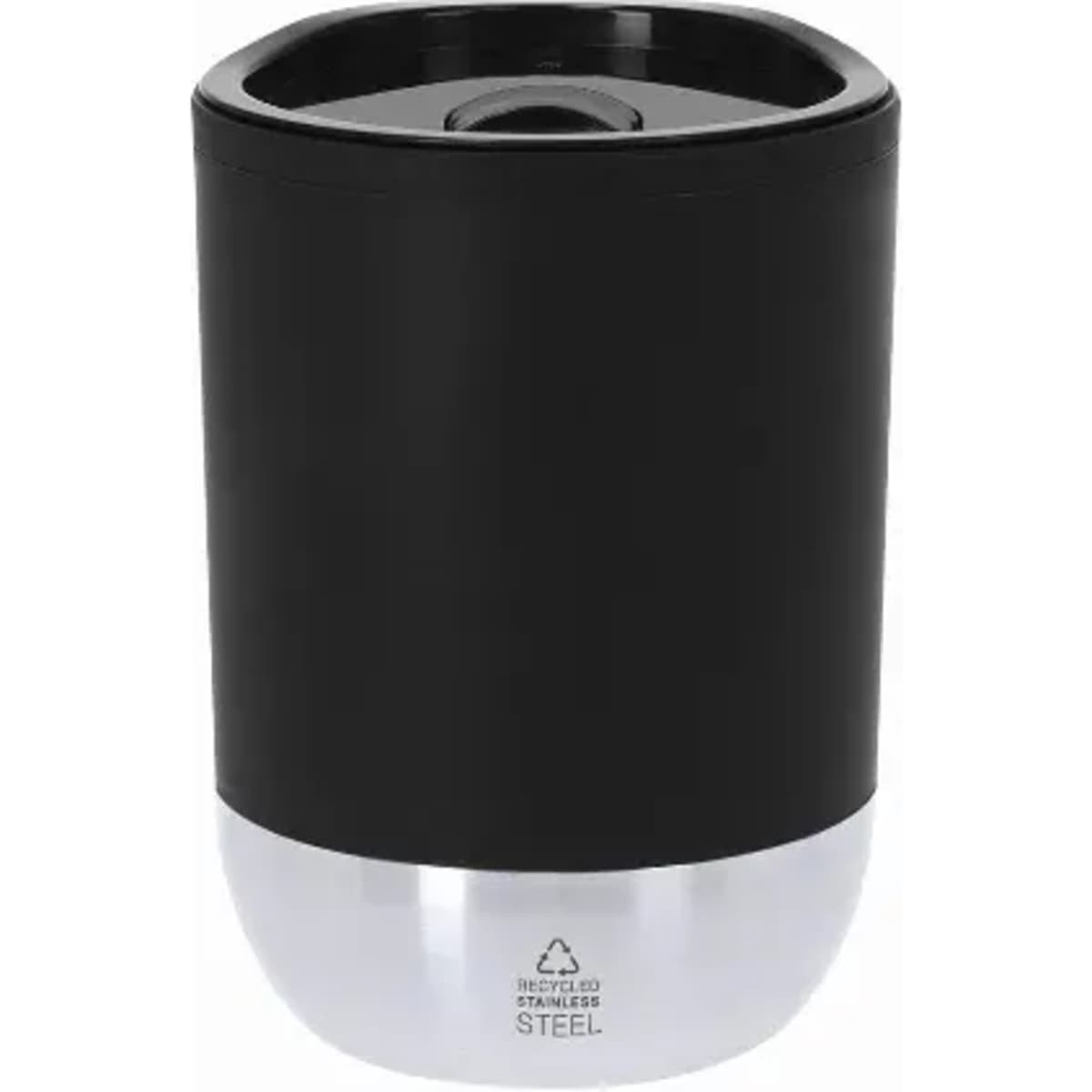 A drink bottle in black with a silver base, featuring a round shape and a logo on it.