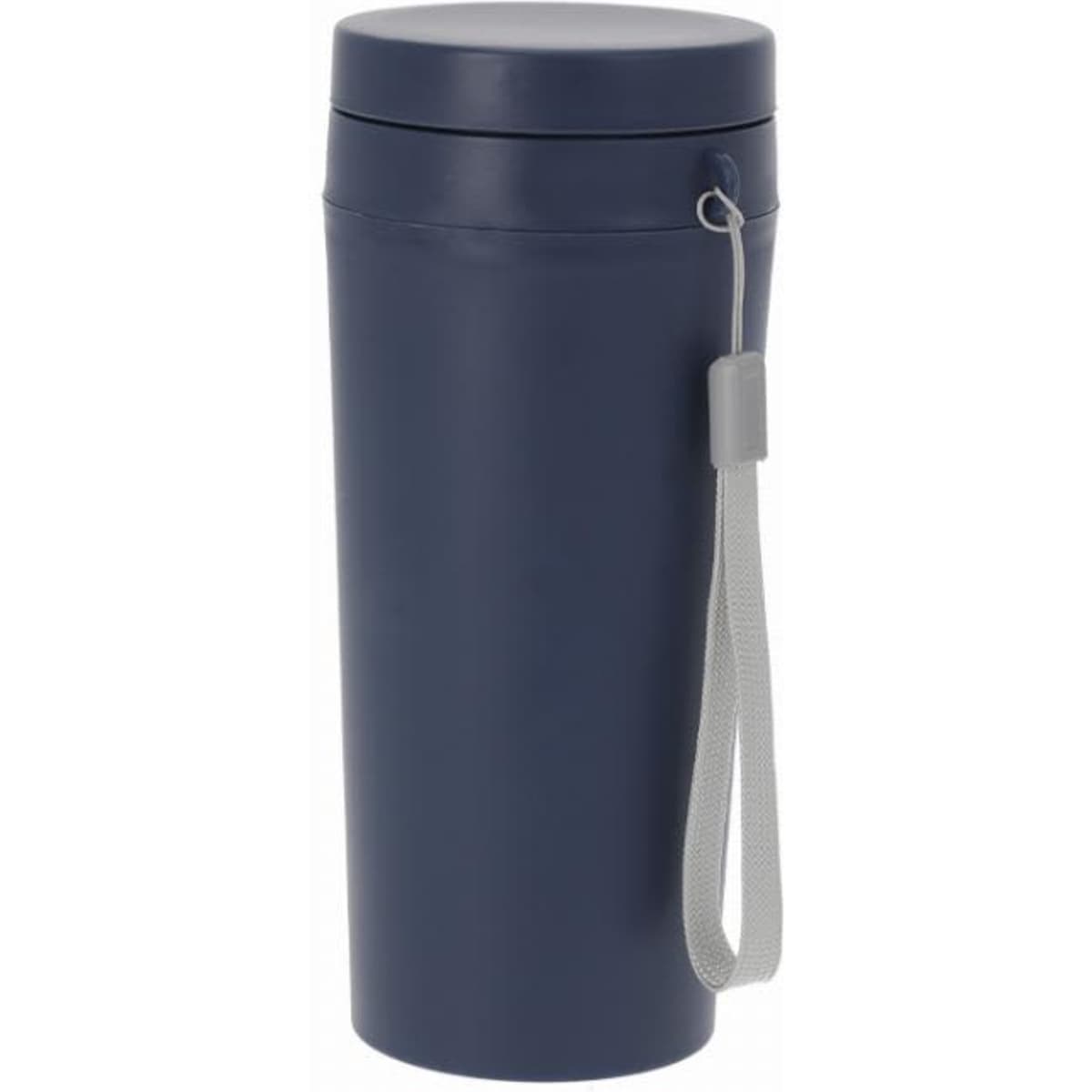 A drink bottle in navy blue with a lid and a grey strap. It features a branding logo on the surface.
