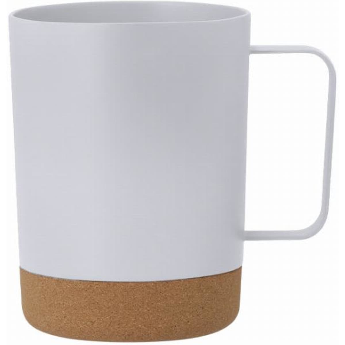 A drink bottle featuring a white body with a cork base and a handle. It has a minimalist design.