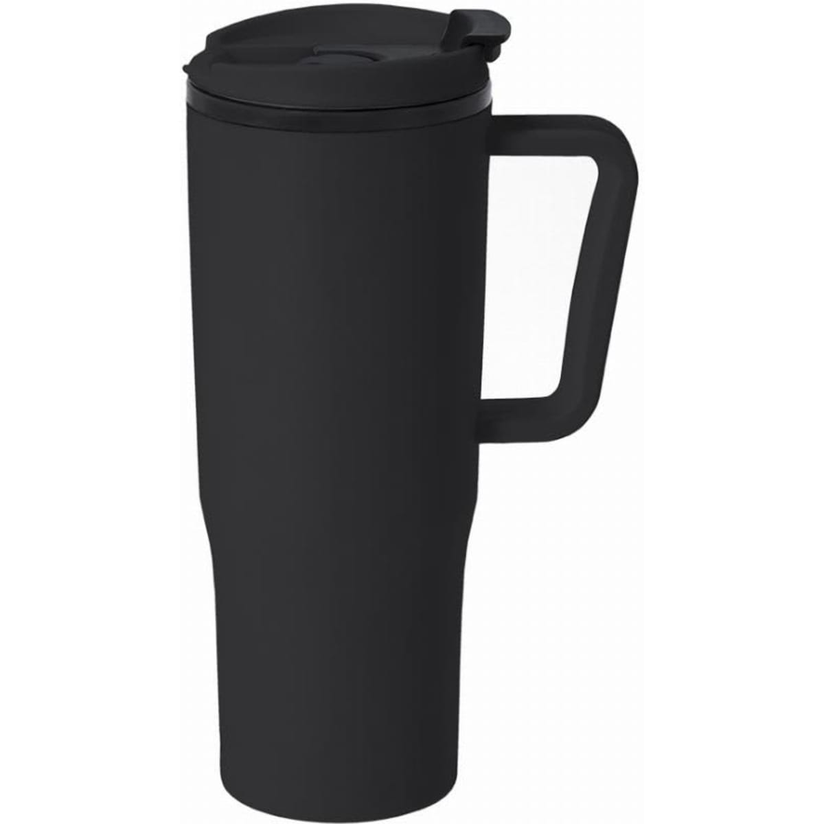 A drink bottle in matte black with a handle and a flip-top lid, featuring a logo.