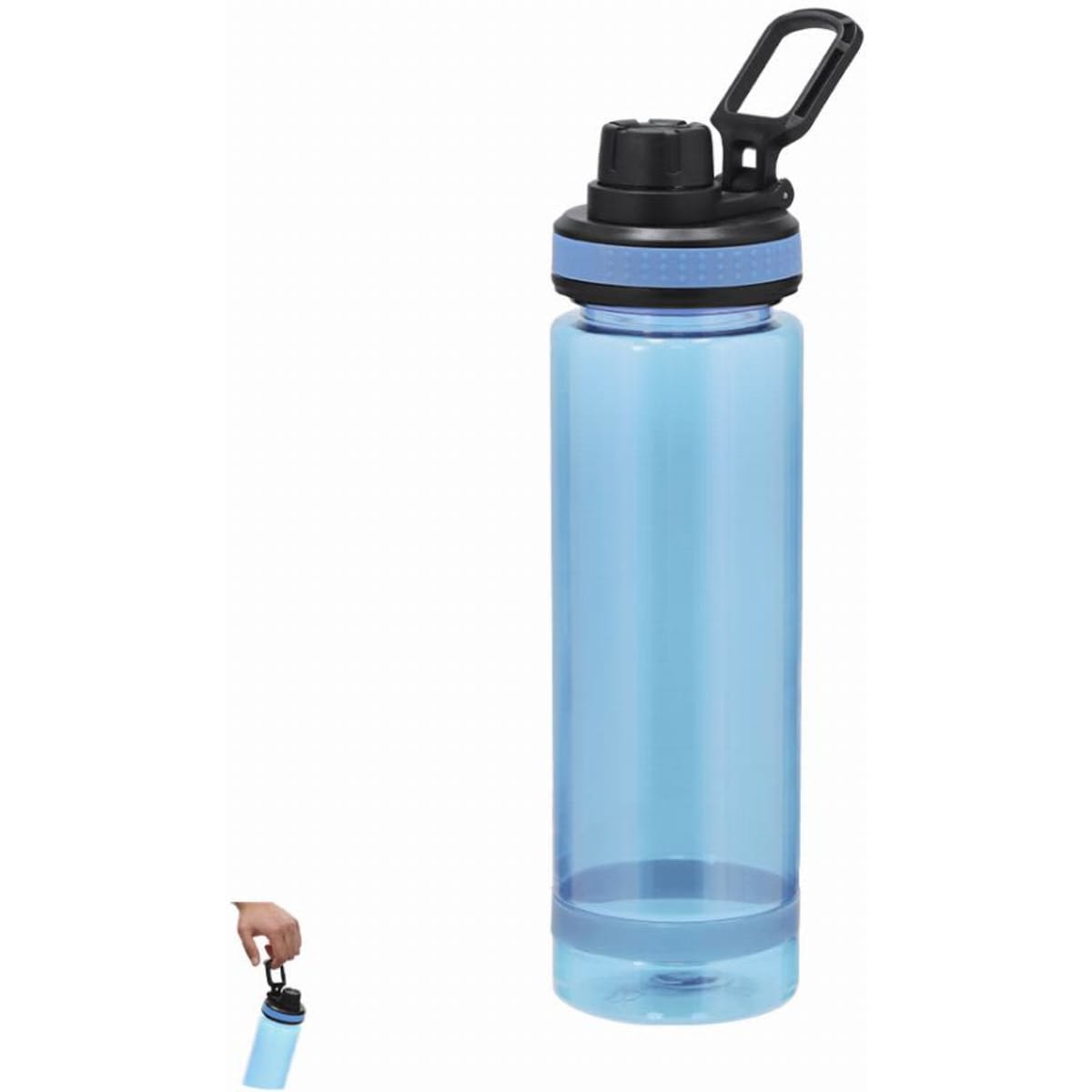 A drink bottle in blue with a black lid and handle, featuring a branding logo on the side.