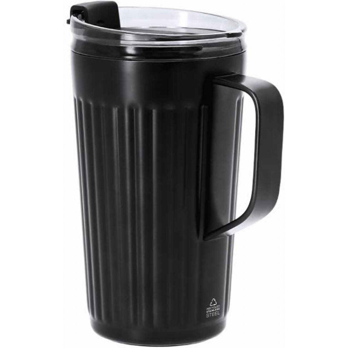 A drink bottle in matte black with a ribbed design and a clear lid, featuring a sturdy handle.