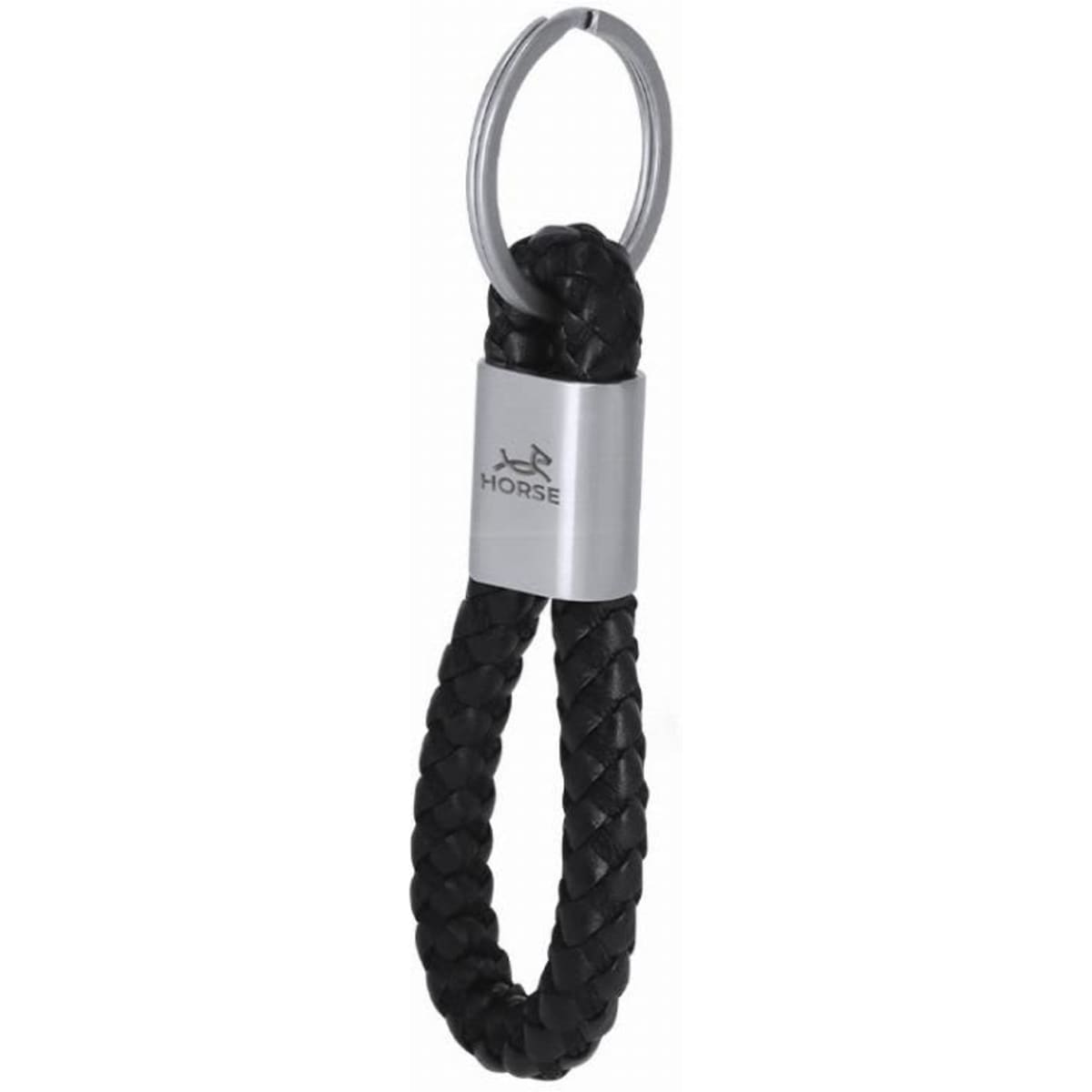 A keychain featuring a braided black leather loop with a metal ring and a branded silver accent.
