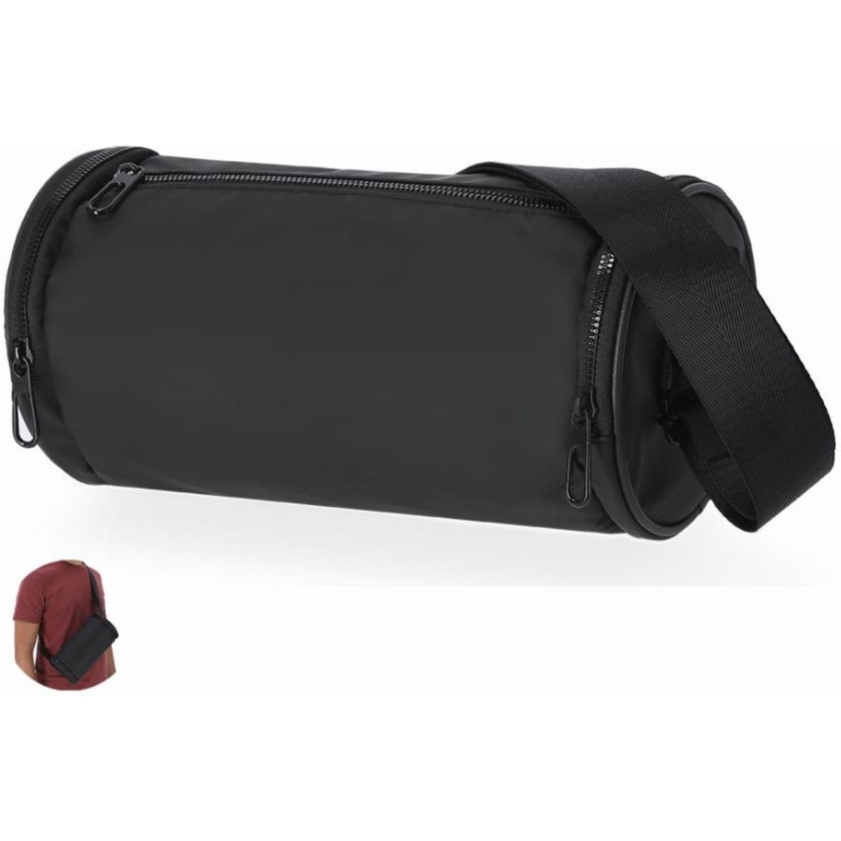 A black cylindrical bag with a strap and two zip openings, featuring a model demonstrating its use on the shoulder.