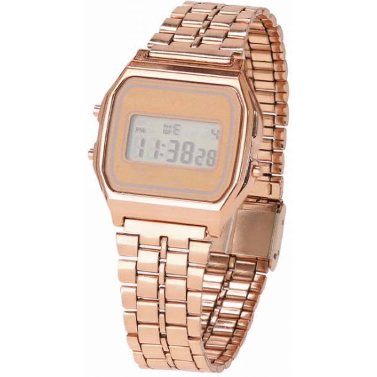 A digital watch with a rose gold metal strap and an octagonal face displaying the time. It features a logo on the strap.
